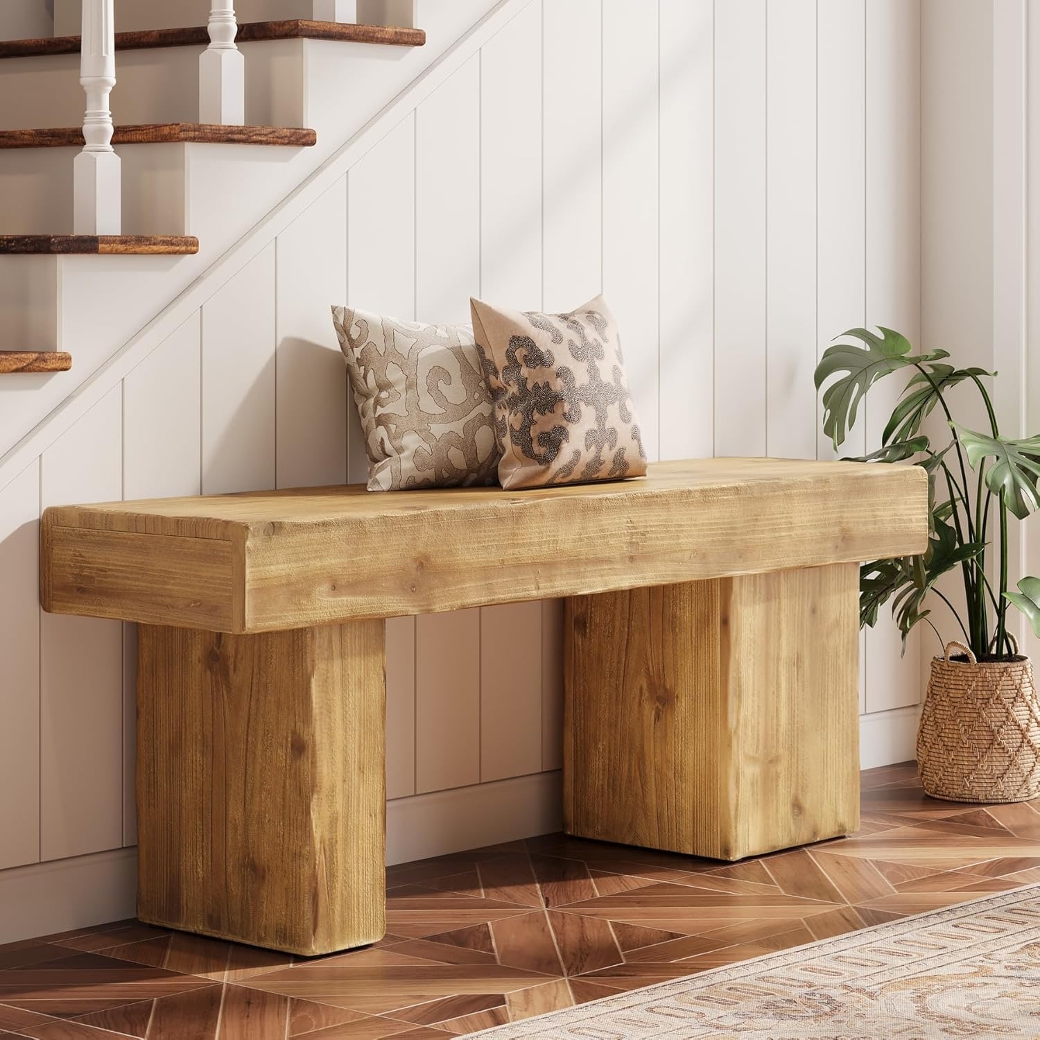 Solid Wood Bench, 47” Farmhouse Entryway Bench with Thickened Seat, Indoor Bench for Bedroom - 47.2" W x 11.8" D x 18.3" H