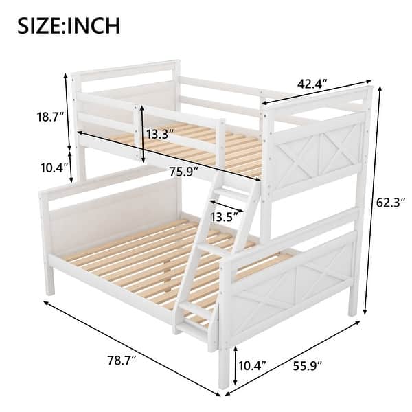dimension image slide 1 of 2, Wooden Twin over Full Bunk Bed with Ladder and Guardrail, Solid Wood Bunk Platform Bed Frame Convertible to Two Separate Beds