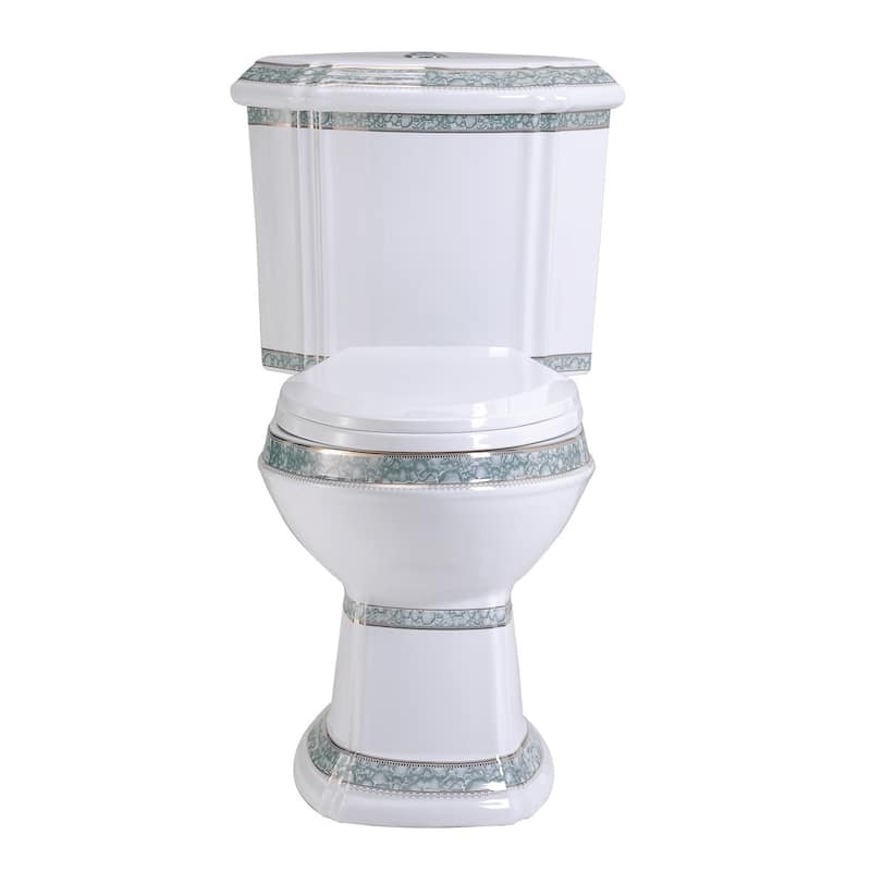 Corner Two Piece Toilet India Reserve with Elongated Bowl with Green Gold Accent and Slow Close Toilet Seat Renovators Supply