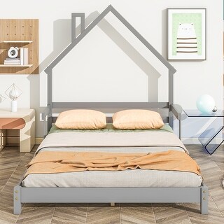 Full Size House Headboard Bed Frame with Handrails for Kids' Bedroom, Grey
