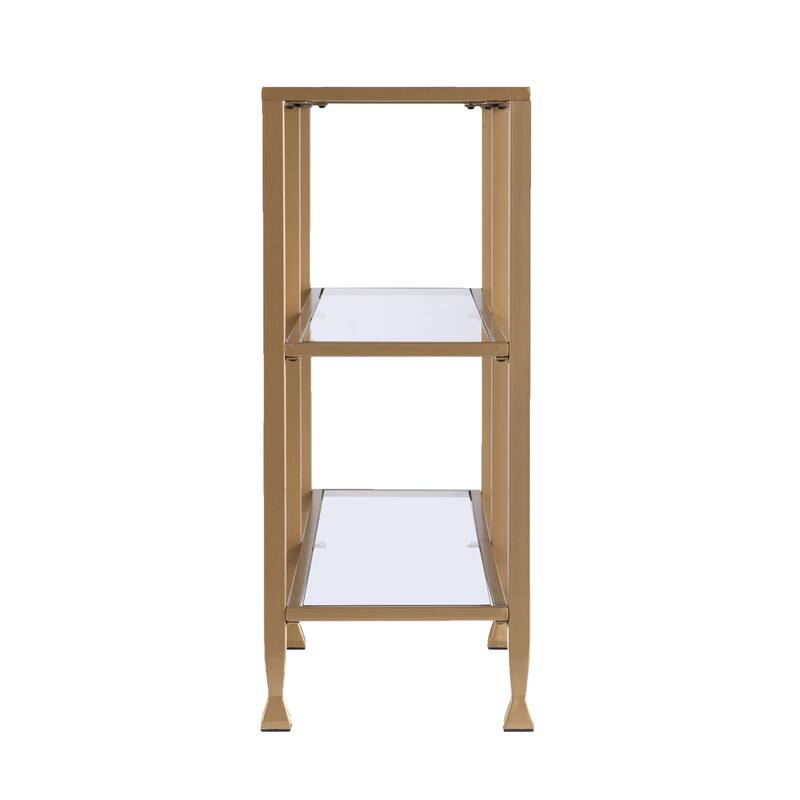 HomeRoots 49" Clear and Gold Glass Floor Shelf Console Table With Storage - 48.50 in. x 29.25 in. x 12.75 in.