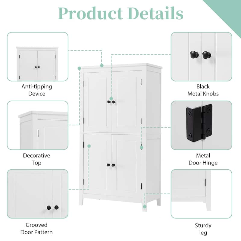 Floor Storage Cabinet, Bathroom Freestanding Cabinet with 4 Doors, Door Racks and Adjustable Shelves - Anti-tipping Device