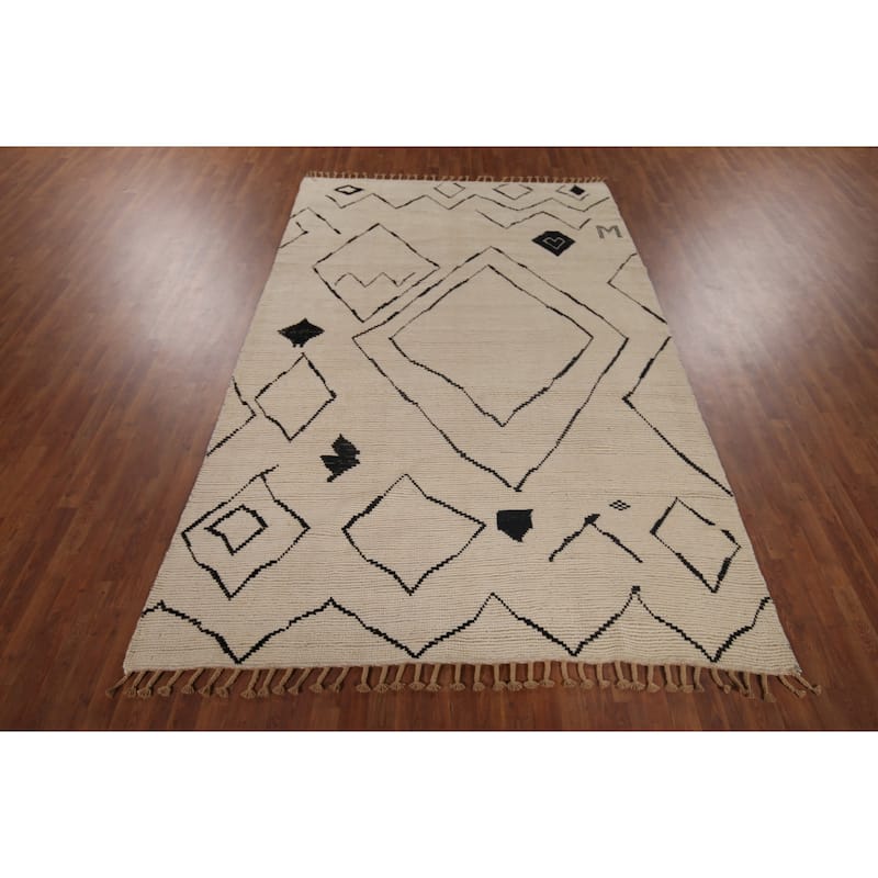 Beige Moroccan Oriental Area Rug Handmade Wool Carpet - 7'0"x 10'11"
