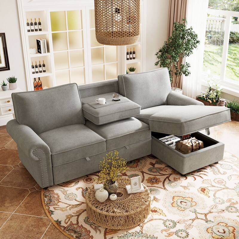 95" Convertible Sectional Sofa with Storage Chaise and Pull-Down Backrest - Grey