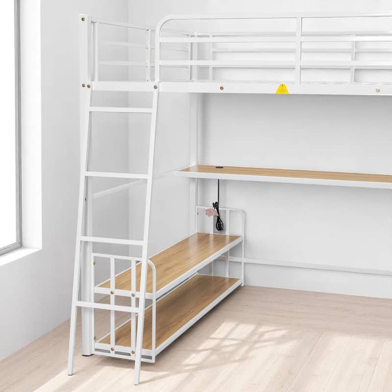 Space-Saving Loft Bed with Desk, Storage Shelves, and Charging Station - Twin/Full Size