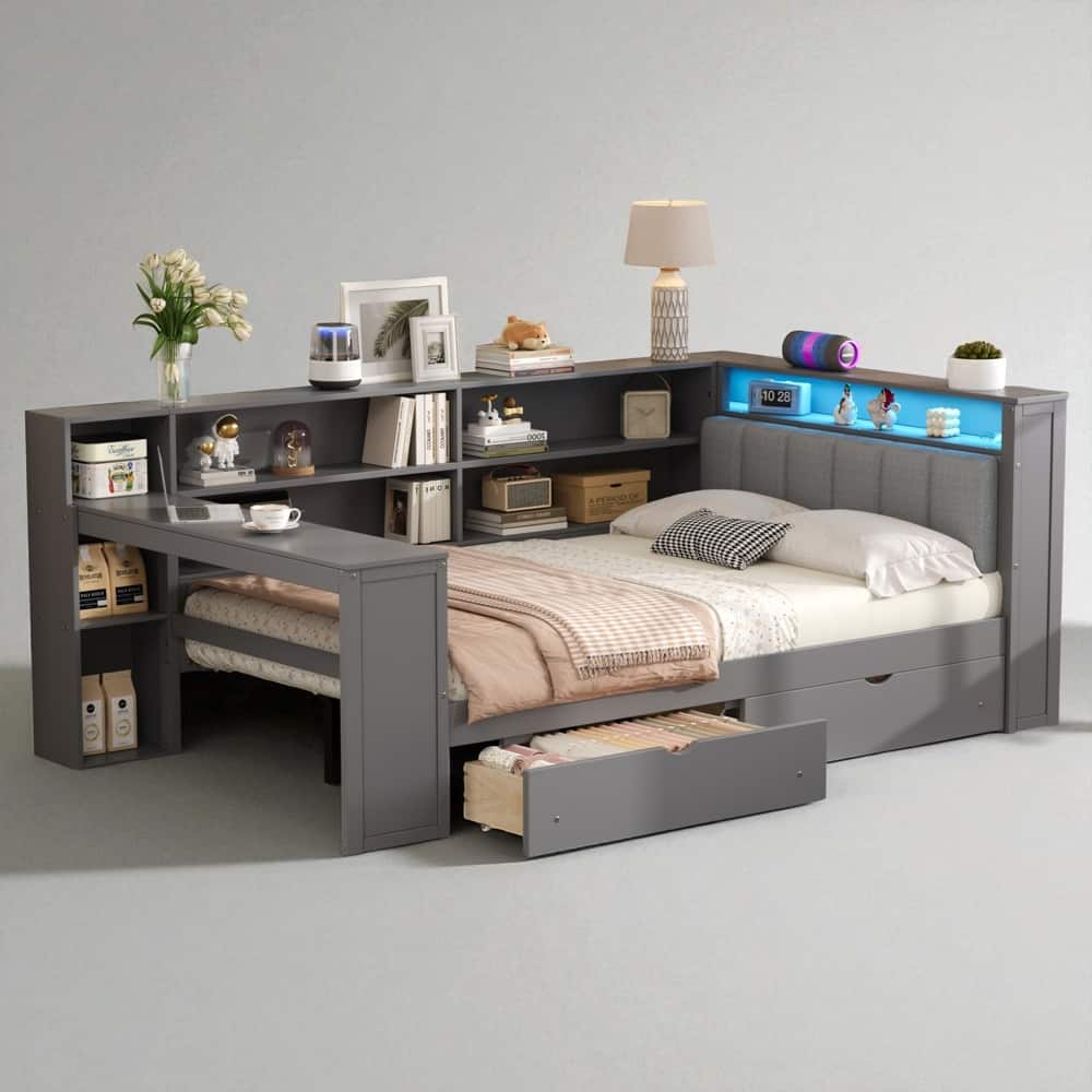Twin/Full Size Platform Bed with Desk, Drawers, Shelves, Charging Station, LED Lights and Upholstered Headboard