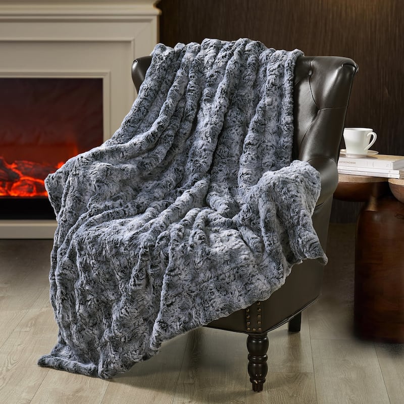 Variegated Warm Plush FauxFur Throw Cozy and Furry Blankets for Sofa - 50" x 60" - Dark Grey