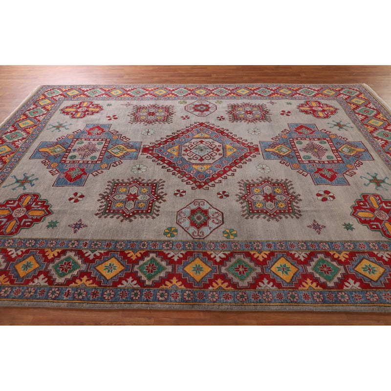Grey Geometric Kazak Area Rug Hand-Knotted Wool Carpet - 8'2"x 11'5"