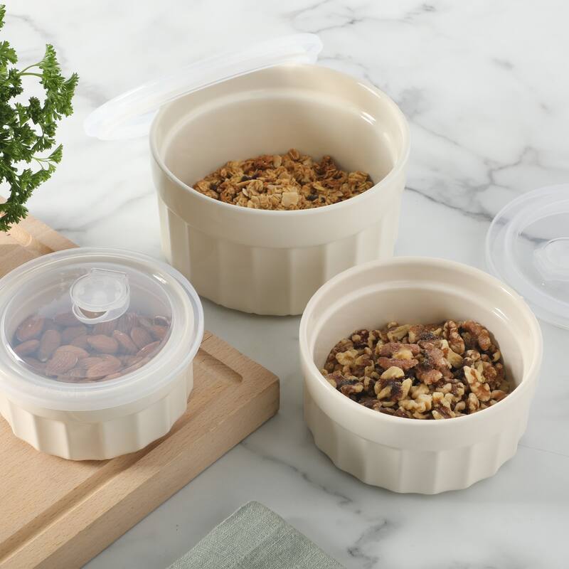Martha Stewart Broadbrook 6 Piece Stoneware Meal Prep Container Set with Lids, Cream, Oven, Microwave & Dishwasher Safe