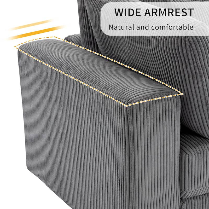 Gray 105" Corduroy 3-Seater Sofa with Removable Back Cushions and Pillows