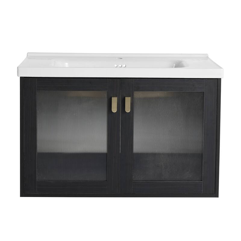 32 inch Wall-Mounted Bathroom Vanity Set in Black with Integrated Ceramic Sink