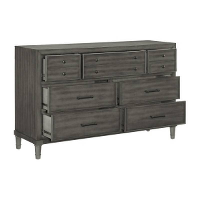 Ceila 58 Inch Wide 7 Drawer Dresser, Twin Knobs, Round Tapered Legs, Gray