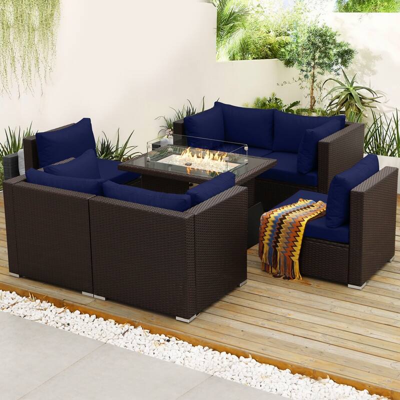 FINCATI Outdoor Wicker Patio Furniture Conversation Sectional Sofa Set - 7PCS-C - Navy Blue