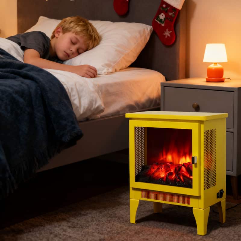 17 inch Freestanding Electric Fireplace Stove heater with 3D Flame effect,Lemon Yellow