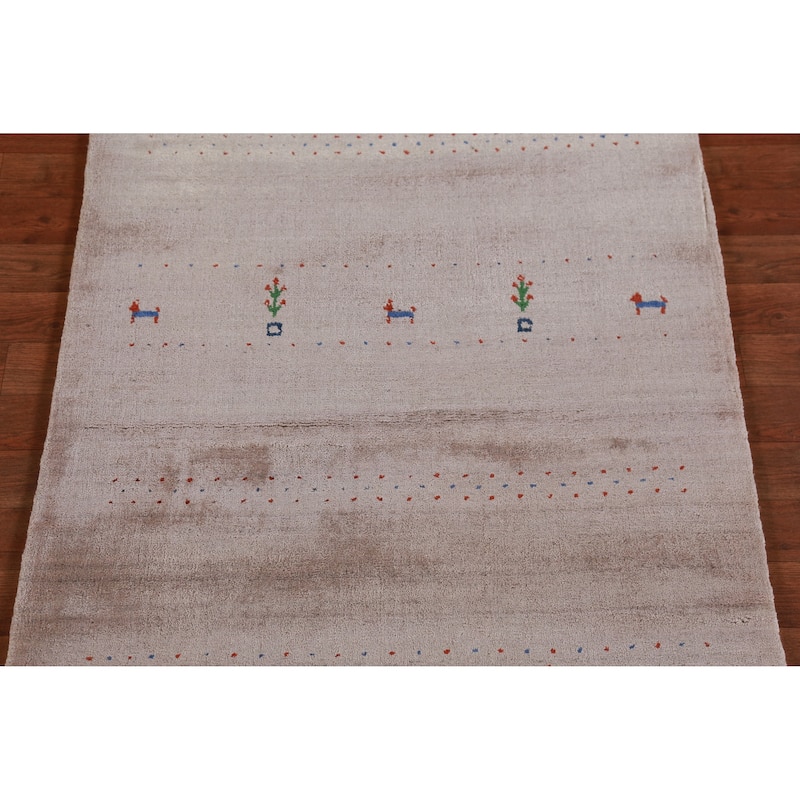 Hand Knotted Oriental 100% Wool Carpet Tribal Animal Pictorial Beige & Ivories Gabbeh Area Rug - 5' 0'' X 3' 0''