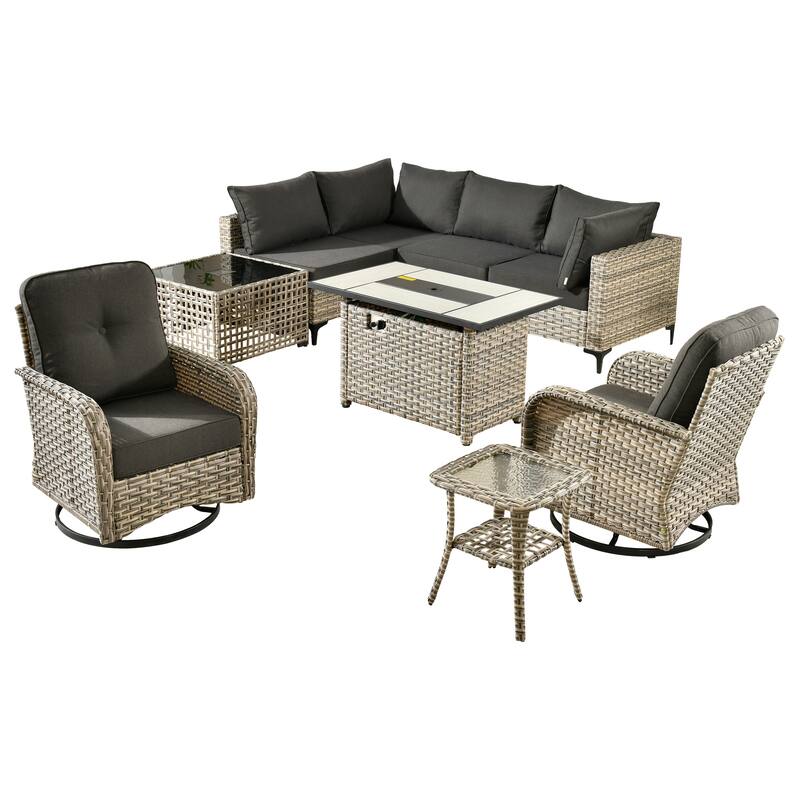 OVIOS 9 Pieces Outdoor Wicker Swivel Chair Set With Fire Table