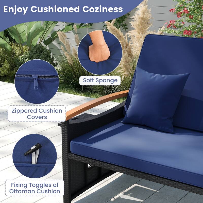 Gymax Patio Rattan Daybed Set w/Cushioned Loveseat & Storage Ottoman