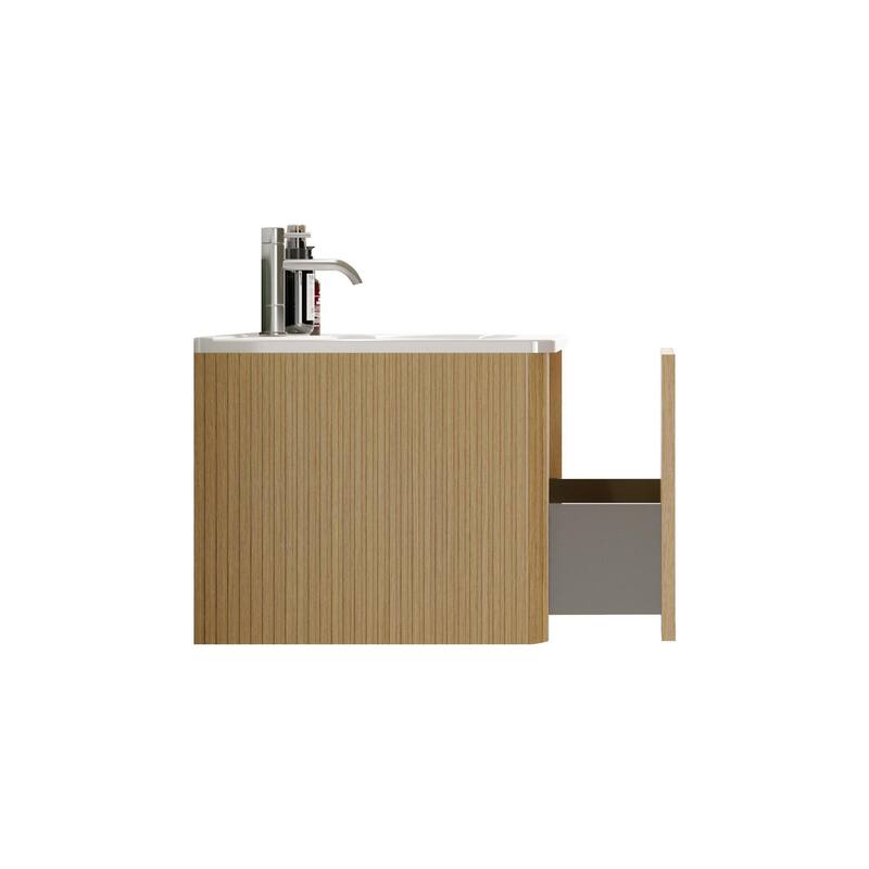 24 Inch Striped Walnut Bathroom Vanity with White Ceramic Sink,Wall Mounted Floating Bathroom Vanity for Modern Bathroom