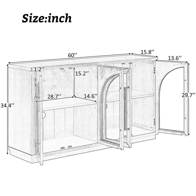 4-Door Large Storage Sideboard Buffet Cabinet with Glass Doors, Cabinet with Adjustable Shelves for Kitchen and Living Room