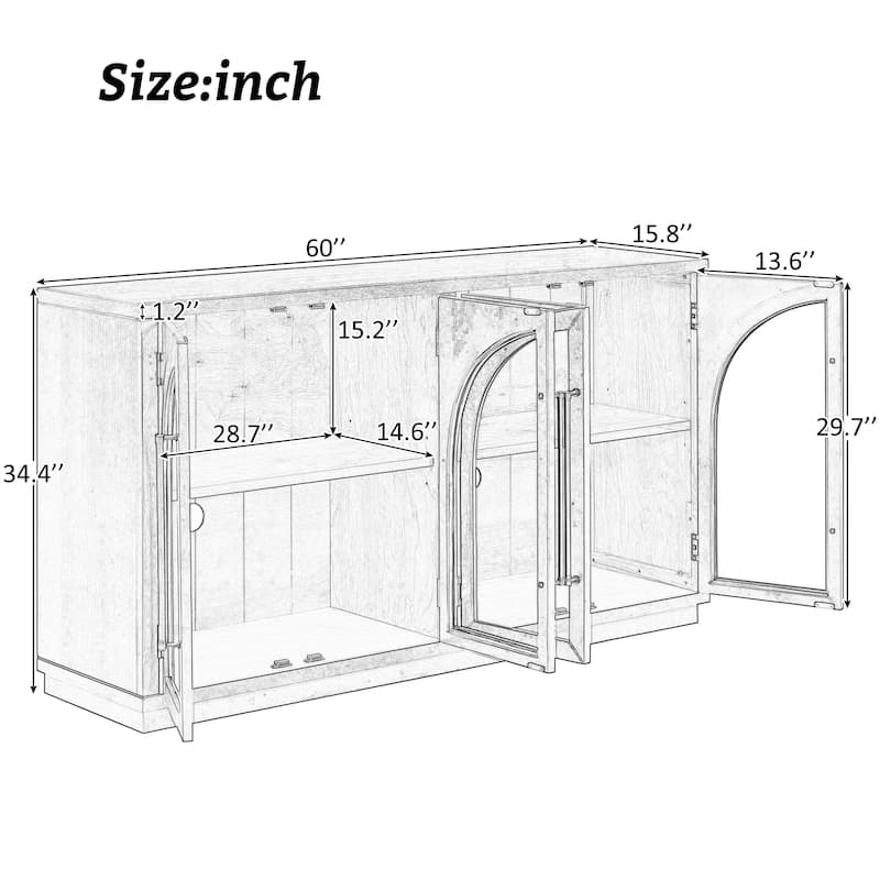 Four-Door Arched Buffet Sideboard with Glass Fronts and Adjustable Shelving, Ideal for Kitchen, Dining, or Living Room Storage.