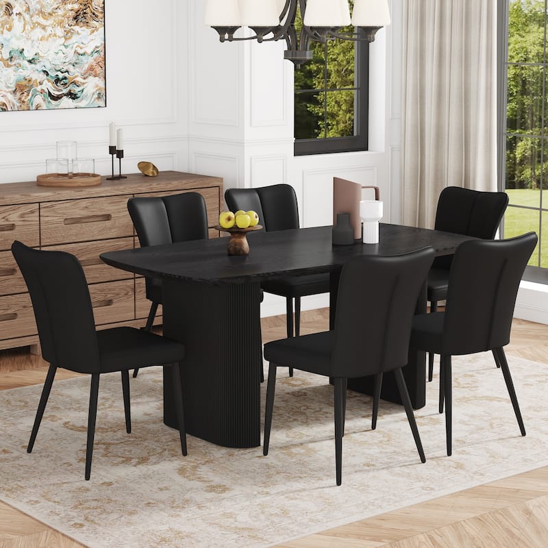 7-Piece Dining Table Set.67 * 35.4 inch wood grain MDF dining table with 6 PU chairs with a vertical stripe design