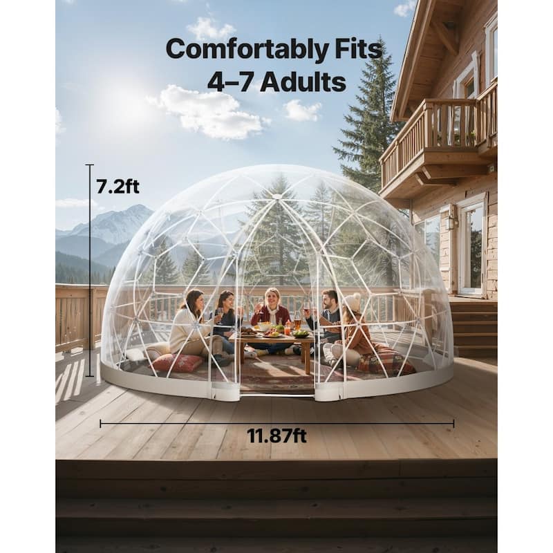 12ft Clear Weather-Resistant PVC Bubble Dome Igloo Tent with Windows and Zippered Door for Garden or Patio - 11.8 × 7.2 ft