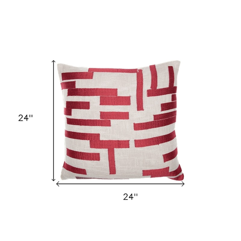 HomeRoots 24" Red and Ivory Geometric Cotton Blend Throw Pillow With Embroidery
