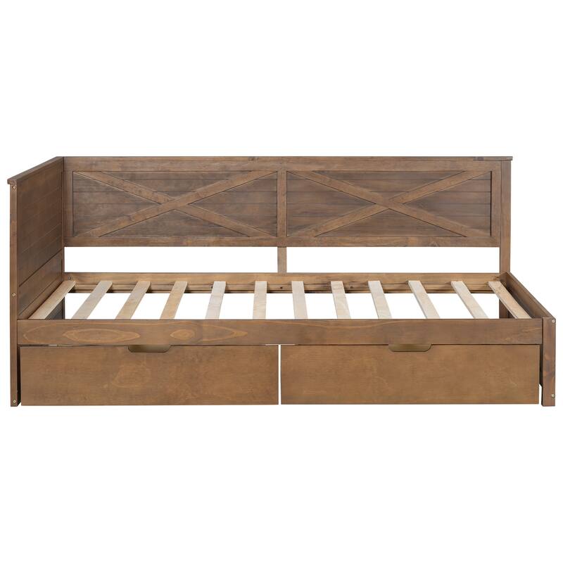 Twin Size Wood Daybed with Two Drawers and Rustic Guardrail for Bedroom