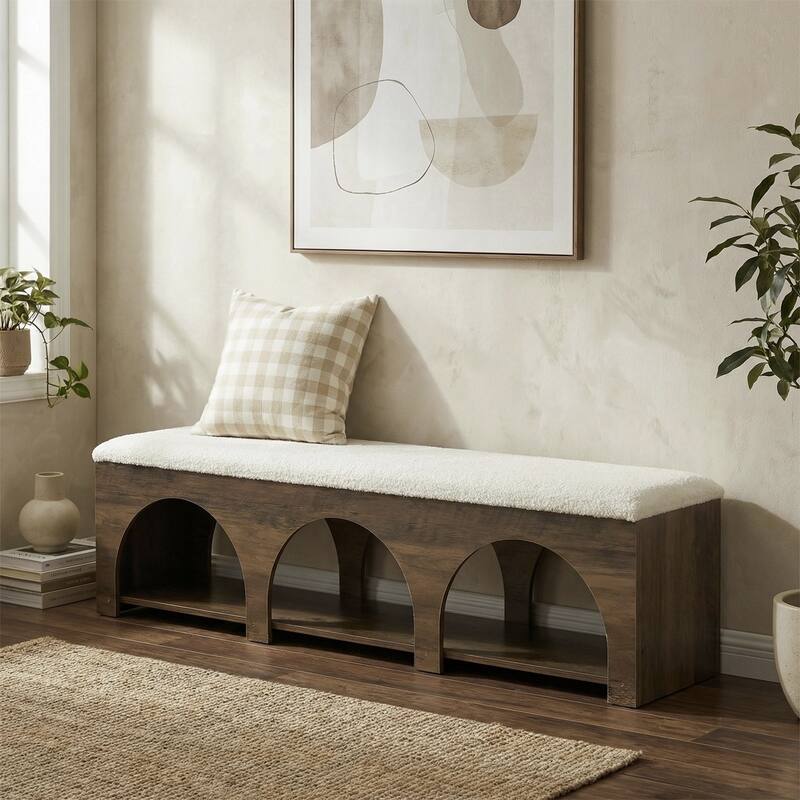 63" Upholstered Entryway Bench, 2-Tier Entry Bench with Storage Shelf - Dark Brown & Off-White