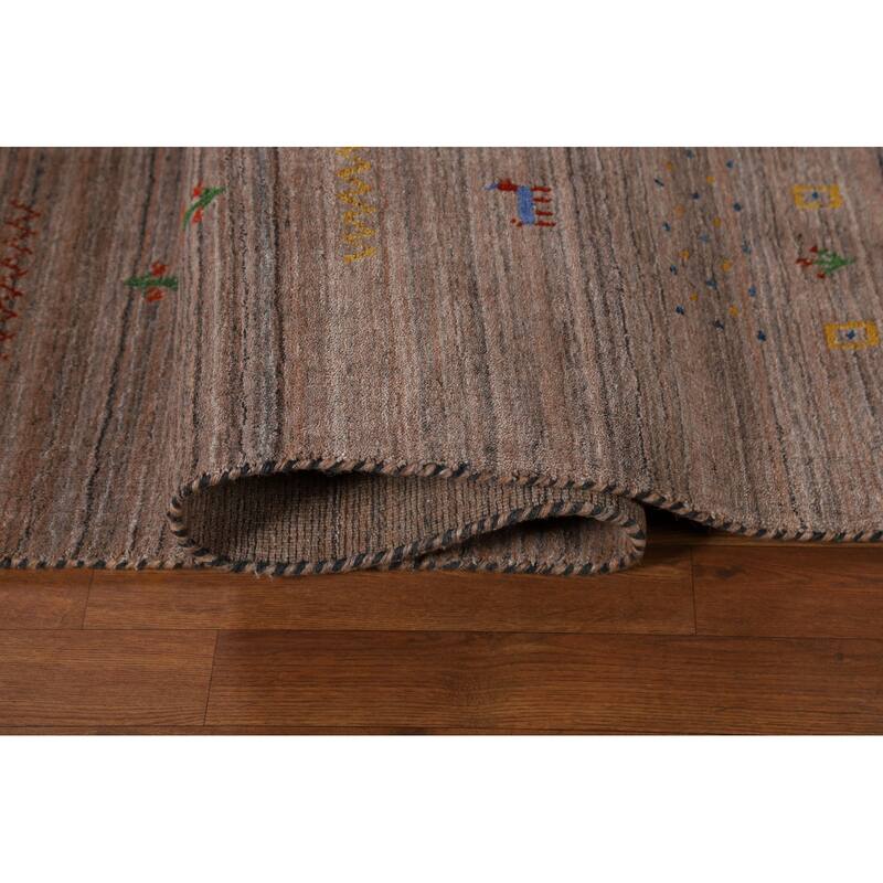 Striped Brown Tribal Gabbeh Oriental Area Rug Hand-Knotted Wool Carpet - 8'0"x 9'9"