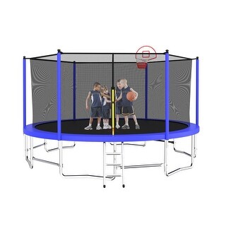 15 ft. Blue Galvanized Anti-Rust Outdoor Round Trampoline with Basketball Hoop with Ladder and Enclosure Net