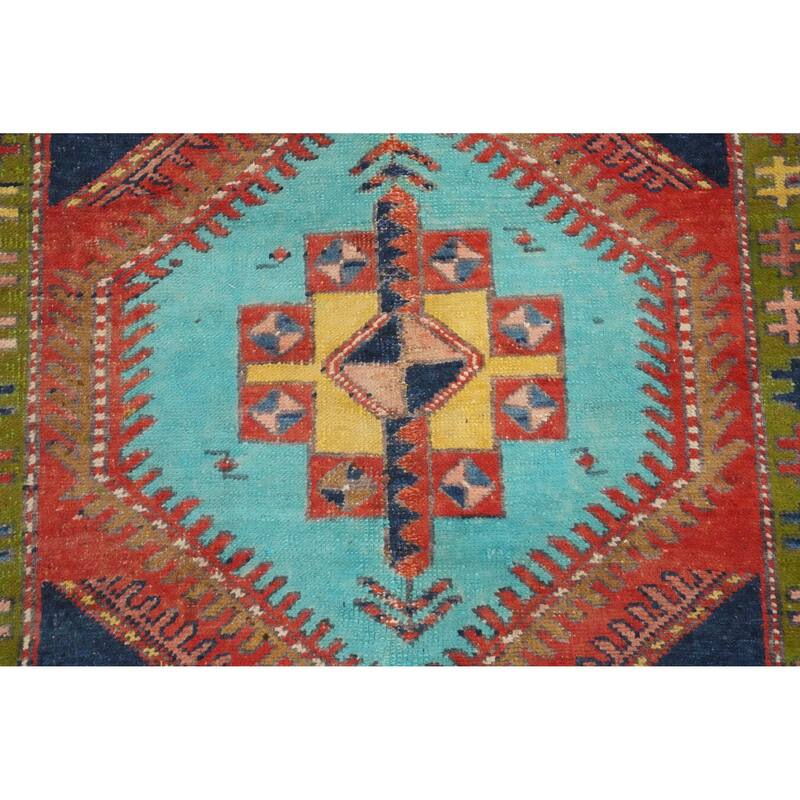 Hand Knotted Oriental 100% Wool Carpet Traditional Tribal Navy Blue & Blues Heriz Runner Rug - 9' 7'' X 3' 6''