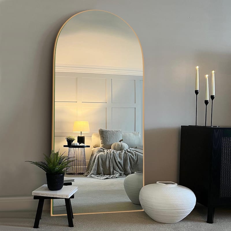 Modern Arched Full-Length Wood Floor Standing Mirror - 70.5x27.5 - Gold