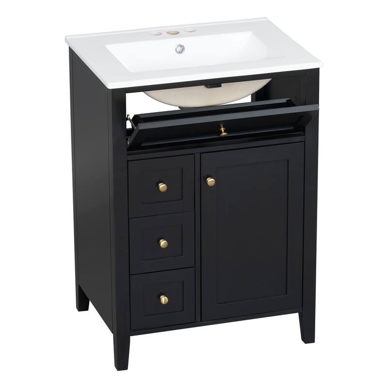 24" Bathroom Vanity With Sink, 3 Drawers & Cabinet With Adjustable Shelves, Modern Design