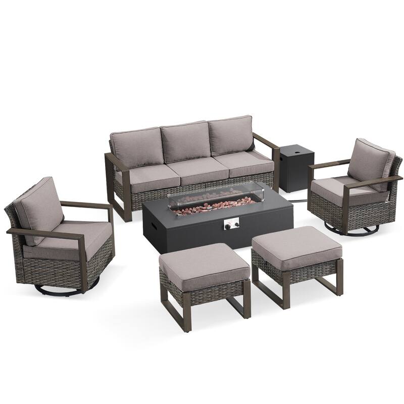 Pocassy 43 In Fire Pit w/ Outdoor Sofa Swivel Chair Ottoman Set