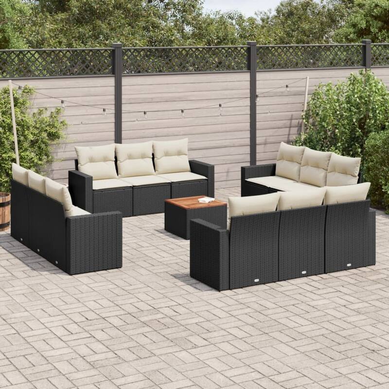 vidaXL Patio Sofa Set with Cushions Outdoor Furniture 13 Piece Poly Rattan - 25.8 x 24.4 x 27.2 - Black and Cream