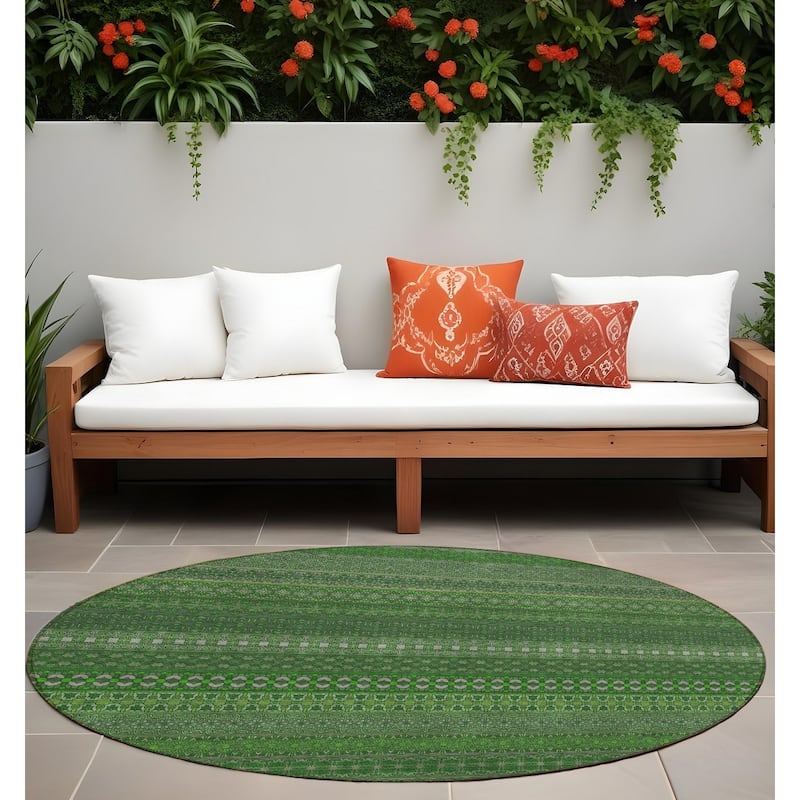Alfisi Stripe Weather Resistant Timeless Fusion Outdoor Rug - 8' Round - Green