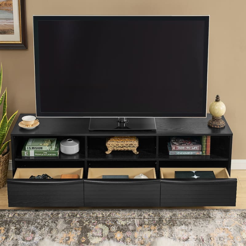 Roomfitters 63" Mid Century Modern TV Stand, Solid Wood Farmhouse Entertainment Console, Louver Doors & Outlet Holes