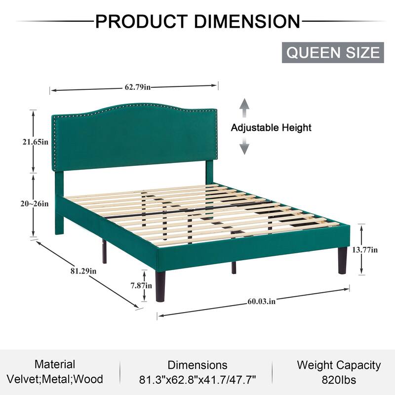 Javlergo Upholstered Platform Bed Frame with Adjustable Headboard, Strong Frame and Wooden Slats Support, Easy Assembly