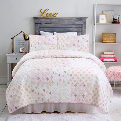 Cozy Line Pink Heart Floral Dot Giraffe Medallion Cotton Patchwork Reversible Quilt Bedding Set