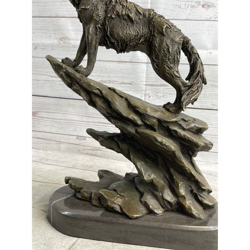 Wolf On Rock Howling At The Moon Bronze Statue Sculpture Wildlife Decor On Marble Base