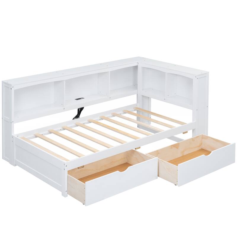 Twin Size Daybed with Storage Drawers, Cabinets and USB Charging Ports in White