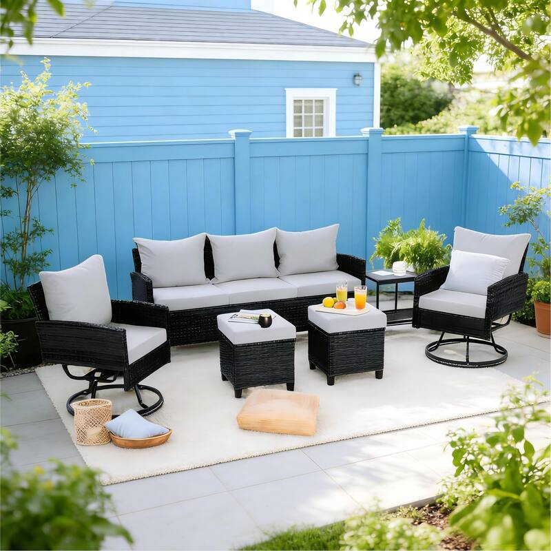 6-Piece Wicker Patio Conversation Set with Swivel Chairs - Black/Gray