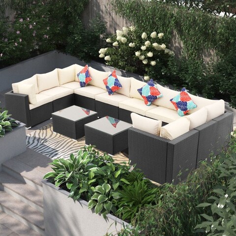 Zenova 12-piece Beige Outdoor Patio Rattan Sofa Sectional Set
