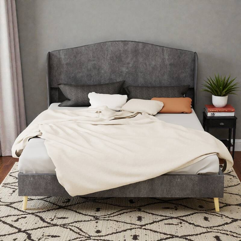 Velvet Upholstered Bed Frame with Tufted Headboard, Luxury Platform Bed for Master Bedroom - Grey - Queen