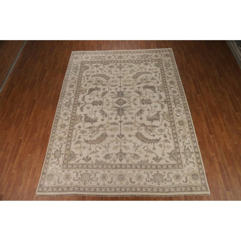 All-Over Ivory Floral Oushak Indian Area Rug Handmade Wool Carpet - 8'4" x 11'10"