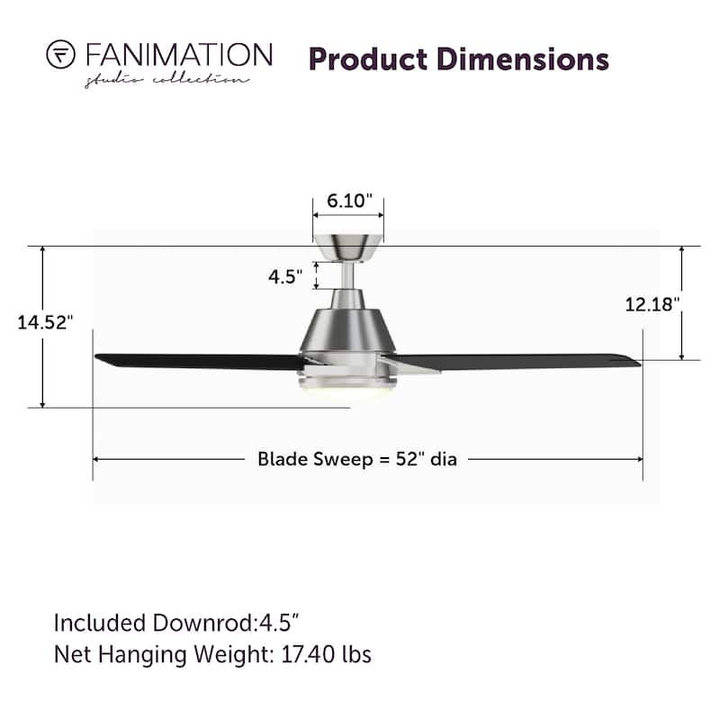 Fanimation Studio Collection Pyramid 52 inch Brushed Nickel with Black Blades Ceiling Fan with LED Light and Remote