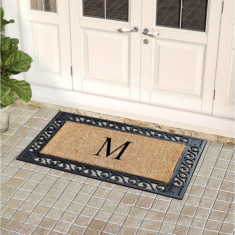 A1HC Rubber and Coir Maple Leaf, Heavy Weight Durable Monogrammed Doormat, 23"X38" Black