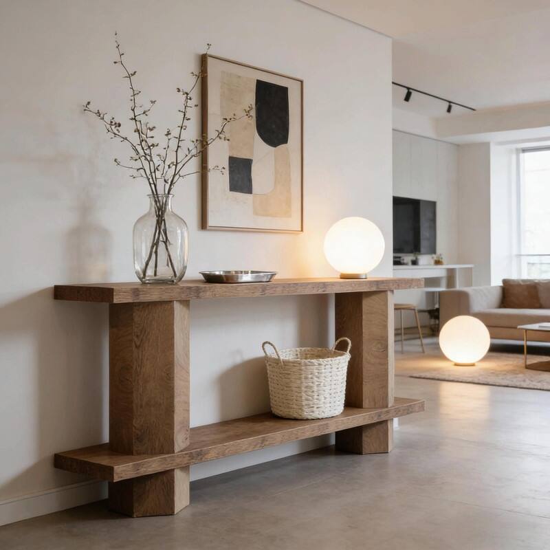 Modern Console Table with Unique Hexahedron Legs and Sturdy MDF Top