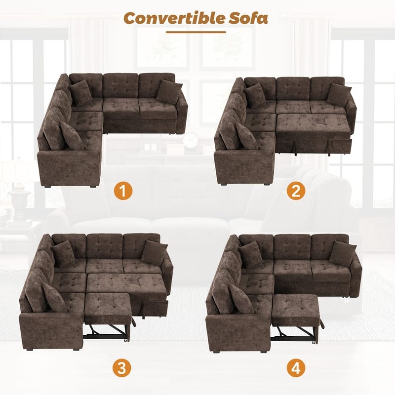 82.6" Modern Upholstered Sleeper Sofa with Pull-out Bed,L-shaped Sectional Sofa with Charging Station